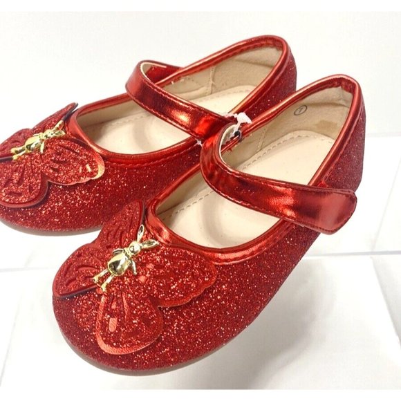 Girls Red Ballet Flats, Cute Baby Toddler Sparkly Butterfly Shoes, Size 7, New - Picture 2 of 10